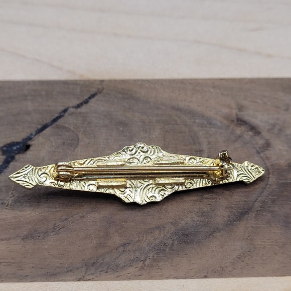 1928 Signed Victorian Revival Bar Brooch Pin Pink Enamel Faux Pearl Blue Glass - Picture 2 of 3